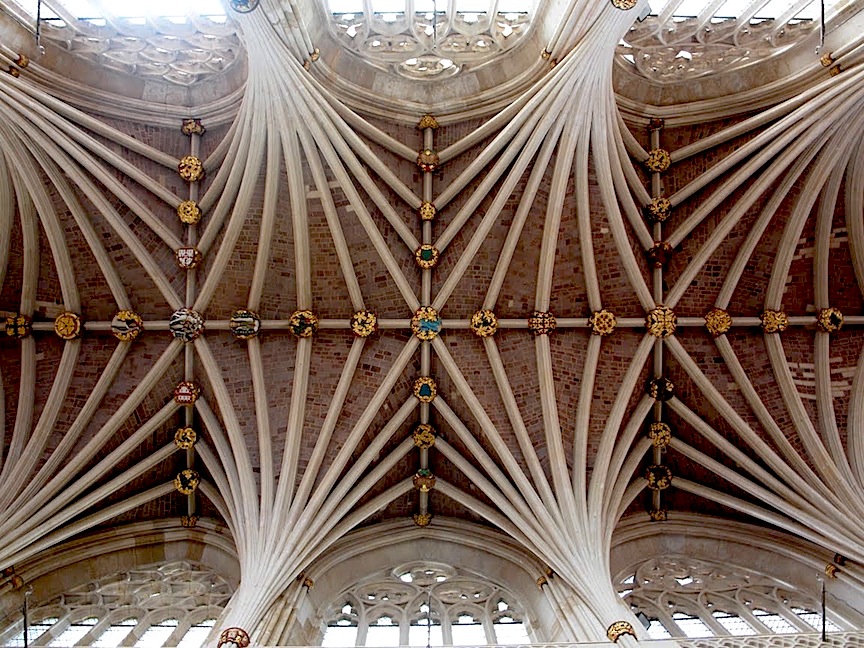 The Gothic vaulting at Exeter Cathedral.