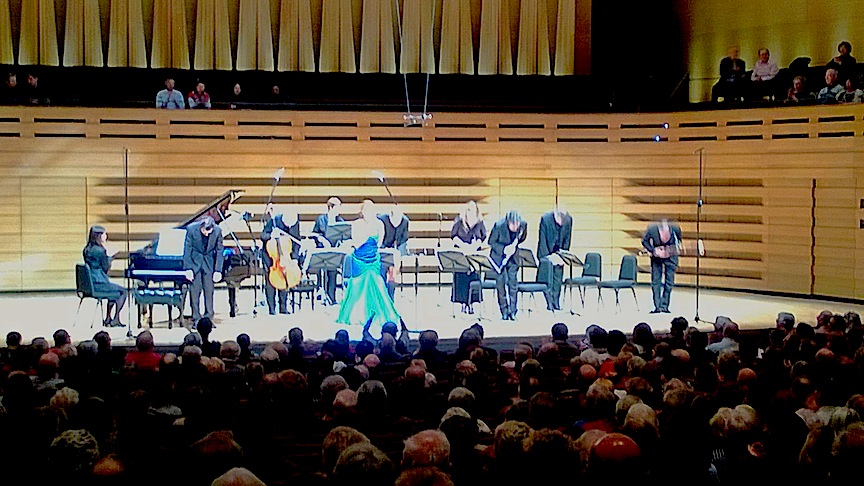 The Amici concert gang takes a bow after Poulenc's Bal Masqué at Koerner Hall (John Terauds phone photo).