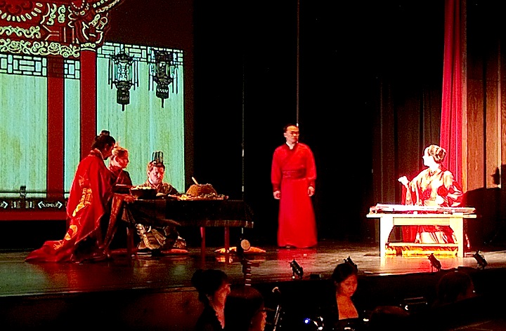 Derek Kwan and Marion Newman, to the right, are standouts in Toronto Masque Theatre's premiere of The Lesson of Da Ji at the Al Green Theatre (John Terauds phone photo).