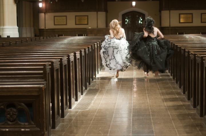 Sarah Svenden, left, and Rachel Mahon in the ball gowns they use while playing organ together (Adrian Bexall photo).