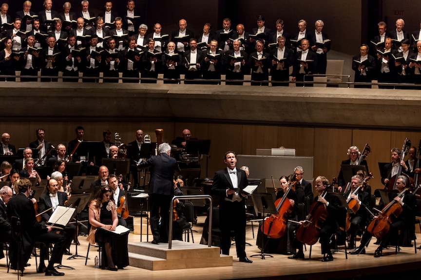 The Toronto Symphony Orchestra, Mendelssohn Choir, soloists and music director Peter OUndjian at Roy Thomson Hall on Wednesday night (Dale Wilcox photo).
