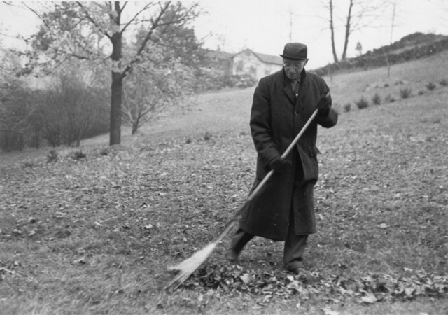 Aaron Copland sweeping up leaves