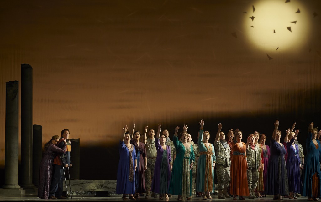(at left) Alice Coote as Dejanira and Richard Croft as Hyllus in the Canadian Opera Company production of Hercules, 2014. Conductor Harry Bicket, director Peter Sellars, set designer George Tsypin, costume designer Dunya Ramicova and lighting designer James F. Ingalls. Photo: Michael Cooper