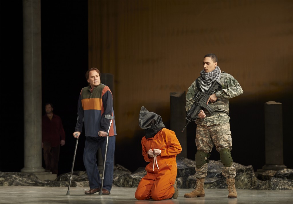David Daniels as Lichas (in background), Richard Croft as Hyllus, Lucy Crowe as Iole and Kaleb Alexander as Soldier in the Canadian Opera Company production of Hercules, 2014. Photo: Michael Cooper