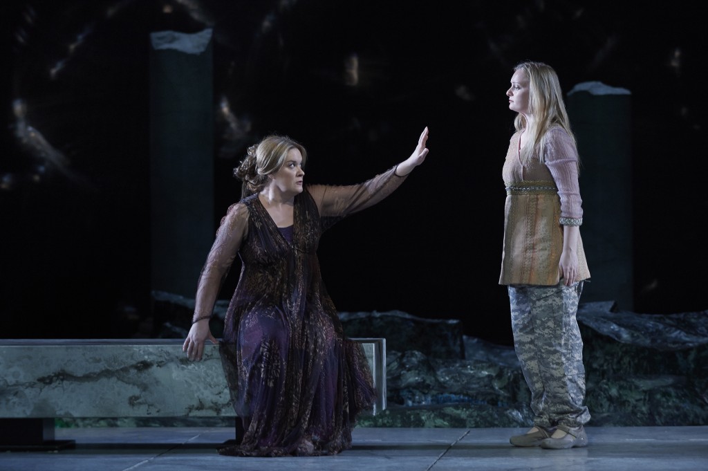  (l-r) Alice Coote as Dejanira and Lucy Crowe as Iole in the Canadian Opera Company production of Hercules, 2014. Conductor Harry Bicket, director Peter Sellars, set designer George Tsypin, costume designer Dunya Ramicova and lighting designer James F. Ingalls. Photo: Michael Cooper