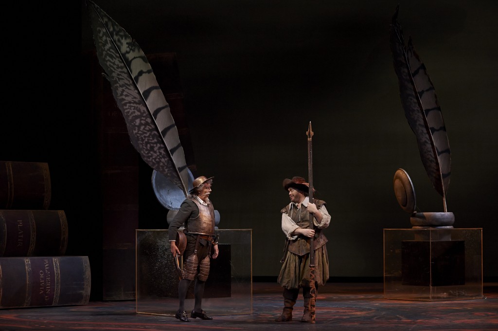 (l-r) Ferruccio Furlanetto as Don Quichotte and Quinn Kelsey as Sancho Panza in the Canadian Opera Company production of Don Quichotte, 2014. Conductors Johannes Debus and Derek Bate, director Linda Brovsky, set designer Donald Eastman, costume designer Christina Poddubiuk and lighting designer Connie Yun. Photo: Michael Cooper