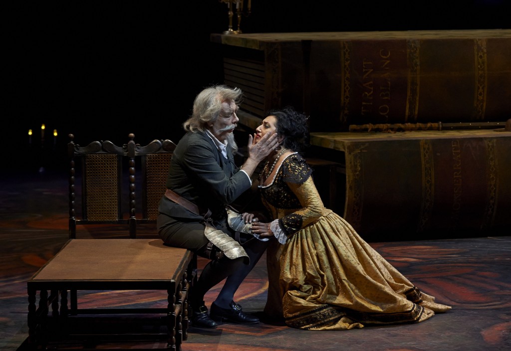 Ferruccio Furlanetto as Don Quichotte and Anita Rachvelishvili as Dulcinée in the Canadian Opera Company production of Don Quichotte, 2014. Conductors Johannes Debus and Derek Bate, director Linda Brovsky, set designer Donald Eastman, costume designer Christina Poddubiuk and lighting designer Connie Yun. Photo: Michael Cooper