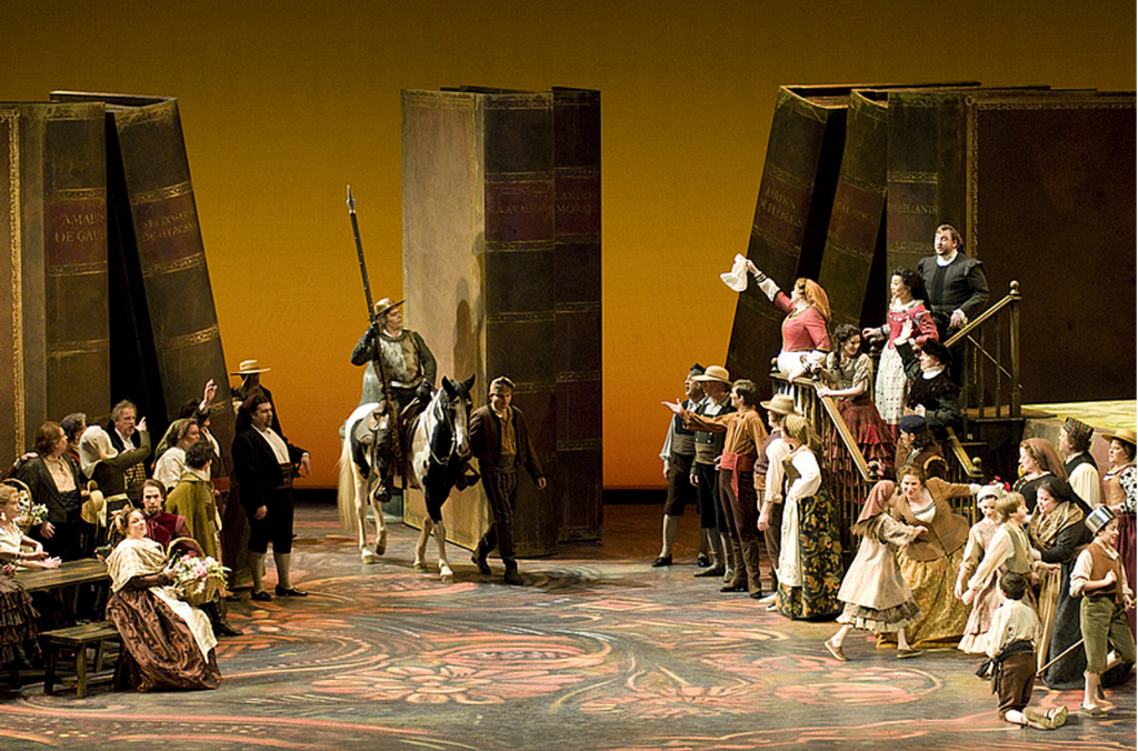 DON QUICHOTTE: John Relyea (centre, on horse) as Don Quichotte in the Seattle Opera production of Don Quichotte. Photo Credit: Rozarii Lynch © 2011