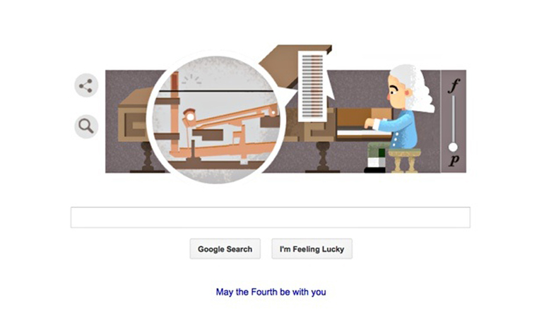 Google’s doodle as seen today celebrates the 360th birthday of Bartolomeo Cristofori, the man widely credited with inventing the piano. Photo: Google