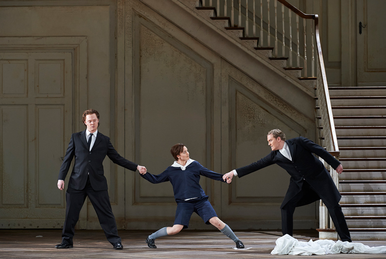 (left to right) Iain MacNeil as Figaro, Jacqueline Woodley as Cherubino and Gordon Bintner as the Count in the Ensemble Studio performance of the Canadian Opera Company’s production of The Marriage of Figaro, 2016. (Photo: Michael Cooper)