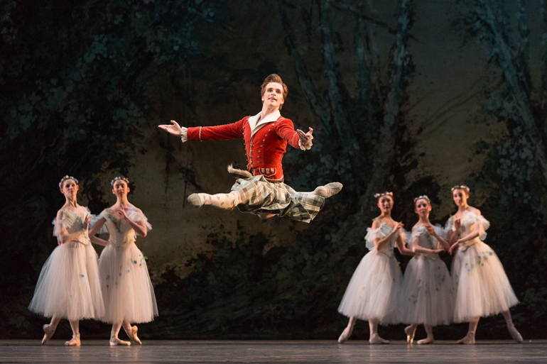 Harrison James with Artists of the Ballet in La Sylphide. Photo by Aleksandar Antonijevic, courtesy of The National Ballet of Canada.