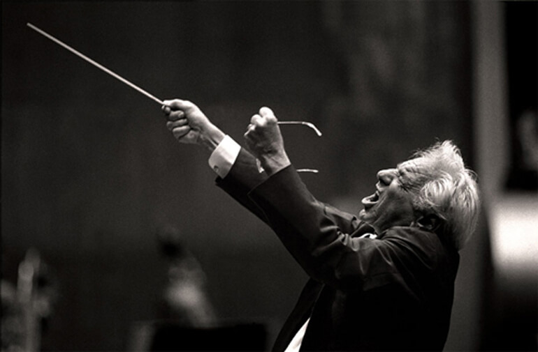 Bernstein conducting the Chicago Symphony Orchestra in the Shostakovich No. 7, June 24, 1988. (Photo: Steve J. Sherman)
