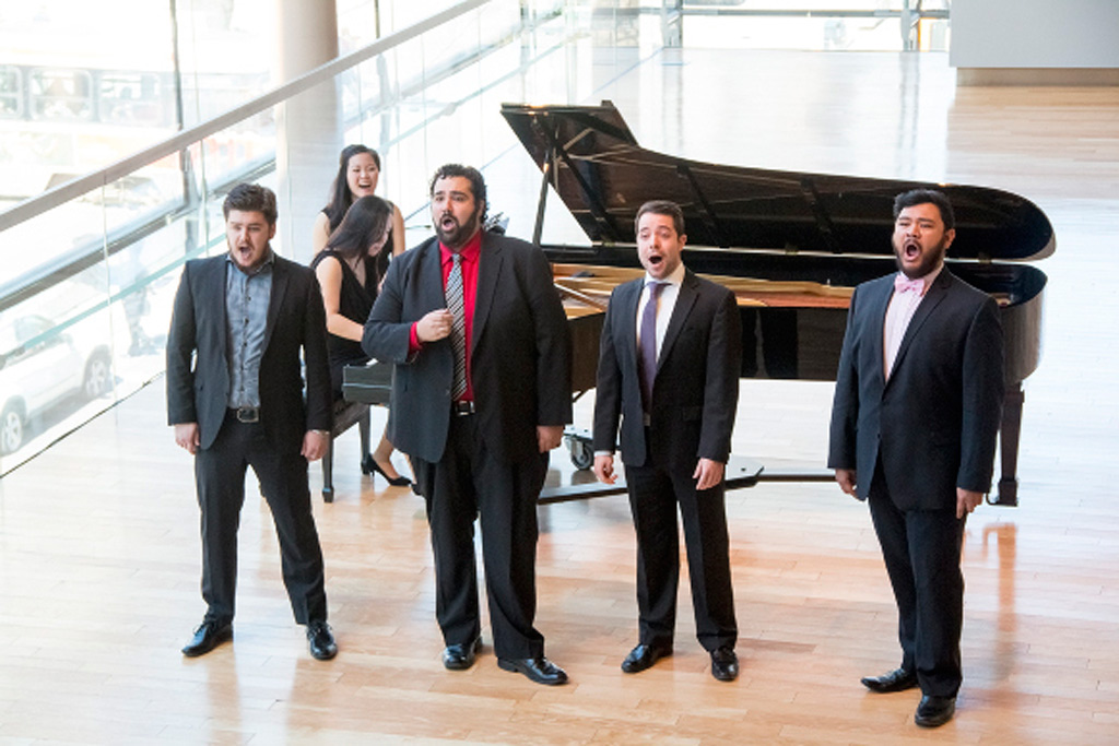 The four tenors of the COC Ensemble Studio (Andrew Haji, Jean-Philippe Fortier-Lazure, Charles Sy, and Aaron Sheppard); Jennifer Szeto and Hyejin Kwon: pianists (Photo: Lara Hintelmann)