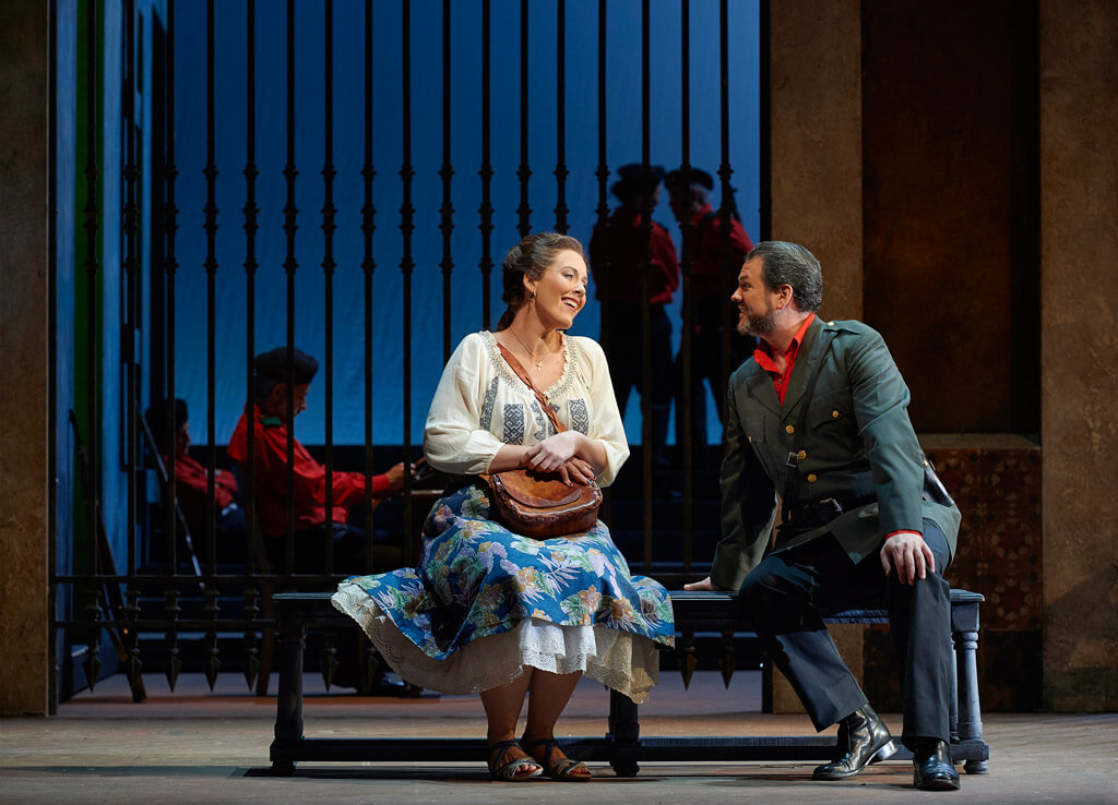 Karine Boucher as Micaëla and David Pomeroy as Don José in the Canadian Opera Company production of Carmen, 2016. (Photo: Michael Cooper)