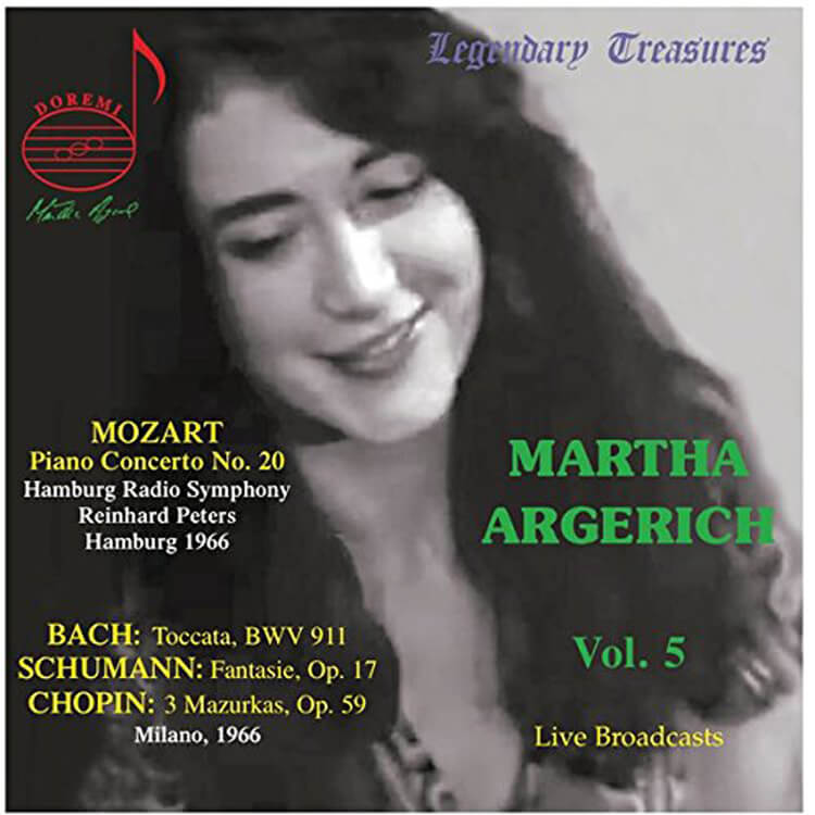 Martha Argerich. Volume 5. First Releases of live performances from 1966. Mozart: Piano Concerto No. 20. Solo works by Bach, Schumann and Chopin. DOREMI DHR-8048. Total Time: 78:30.