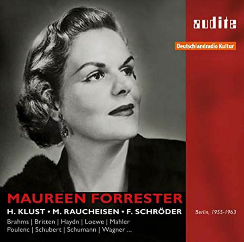 PORTRAIT OF MAUREEN FORRESTER. MAHLER: Rückert Lieder. WAGNER: Wesendonck Lieder. BRAHMS: Eight Gypsy Songs. BRITTEN: A Charm of Lullabies. BARBER: Mélodies Passagères. POULENC: La Fraîcheur et le Feu. Le Travail du Peintre. Also songs by Schubert, Schumann Haydn and C.P.E Bach. Maureen Forrester, alto. Hertha Klust, Michael Raucheisen and Felix Schröder, piano. Recorded 1955-1963 by RIAS, Berlin. Audite 21.437 (3-cd set). Total Time: 190:04.