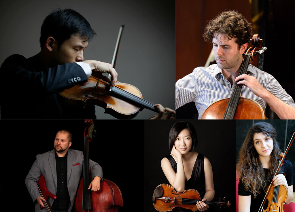 2017 COC Orchestra Academy members: Madlen Breckbill, cellist James Churchill and bassist Jesse Dietschi, UofT violinist Heng-Han Hou and Schulich violinist Jung Tsai.