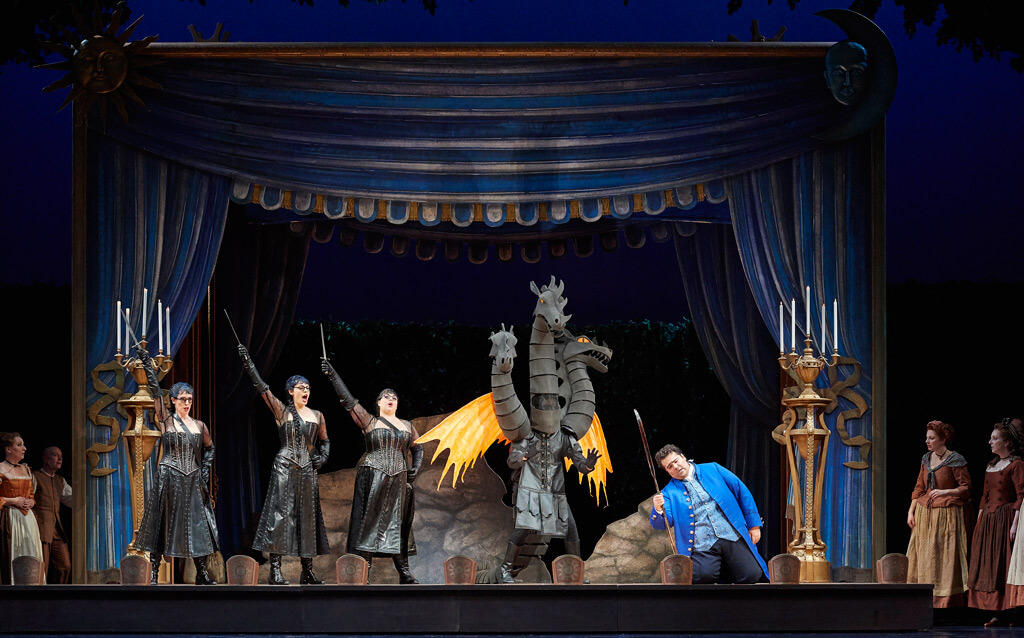 (l-r) Lauren Segal as the Third Lady, Emily D’Angelo as the Second Lady, Aviva Fortunata as the First Lady and Andrew Haji as Tamino in the Canadian Opera Company's production of The Magic Flute, 2017, (Photo Michael Cooper)