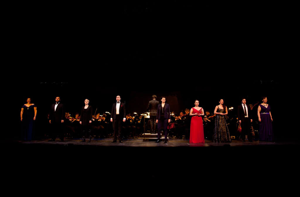 (l. to r.) Megan Quick, Charles Sy, Lauren Eberwein, Bruno Roy, Emily D'Angelo, Danika Loren, Mireille Asselin, Aaron Sheppard, Samantha Pickett. COC Ensemble Studio (Photo: Bronwen Sharp)