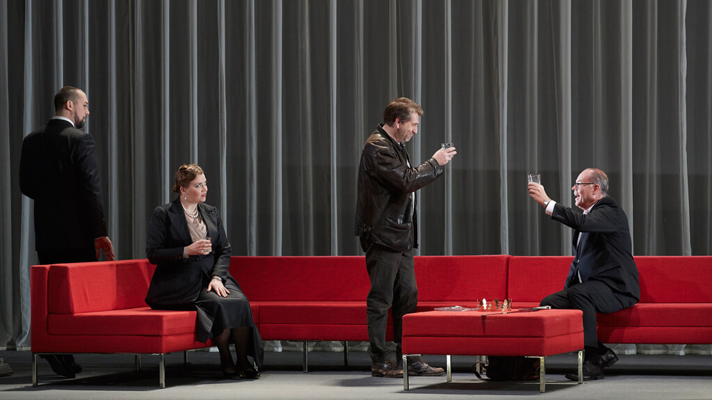 (l-r) Ain Anger as Hagen, Ileana Montalbetti as Gutrune, Andreas Schager as Siegfried and Martin Gantner as Gunther in the Canadian Opera Company’s production of Götterdämmerung, 2017. (Photo: Michael Cooper)