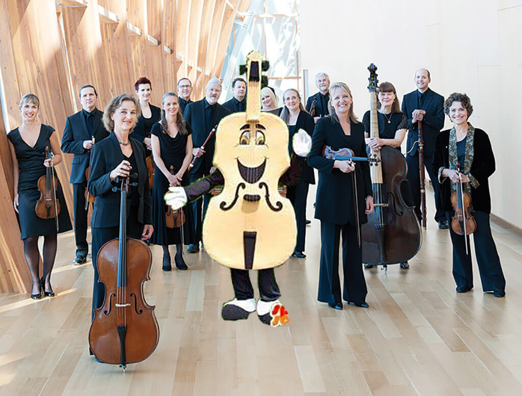 Tafelmusik Baroque Orchestra with new mascot, Hubert the Stradivarius.
