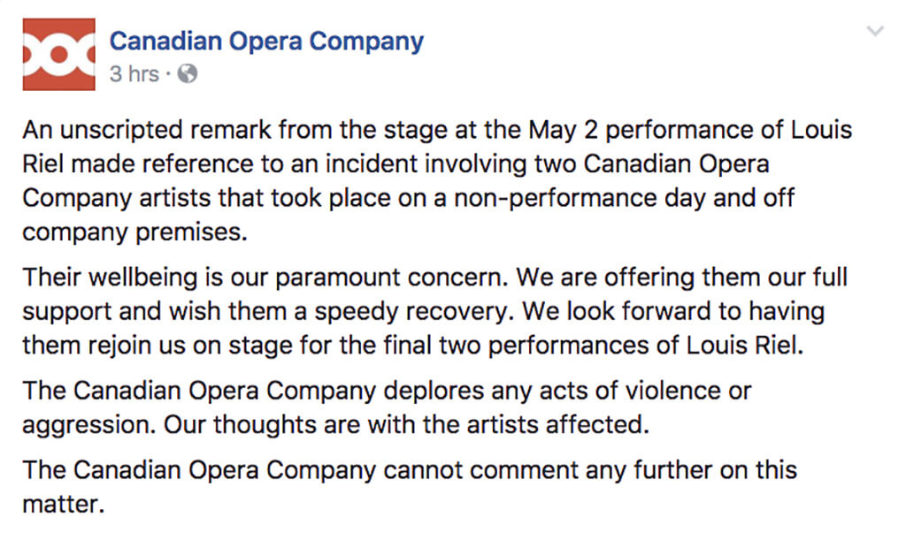 Canadian Opera Company public statement issued on on Facebook, May 3, 11 a.m.