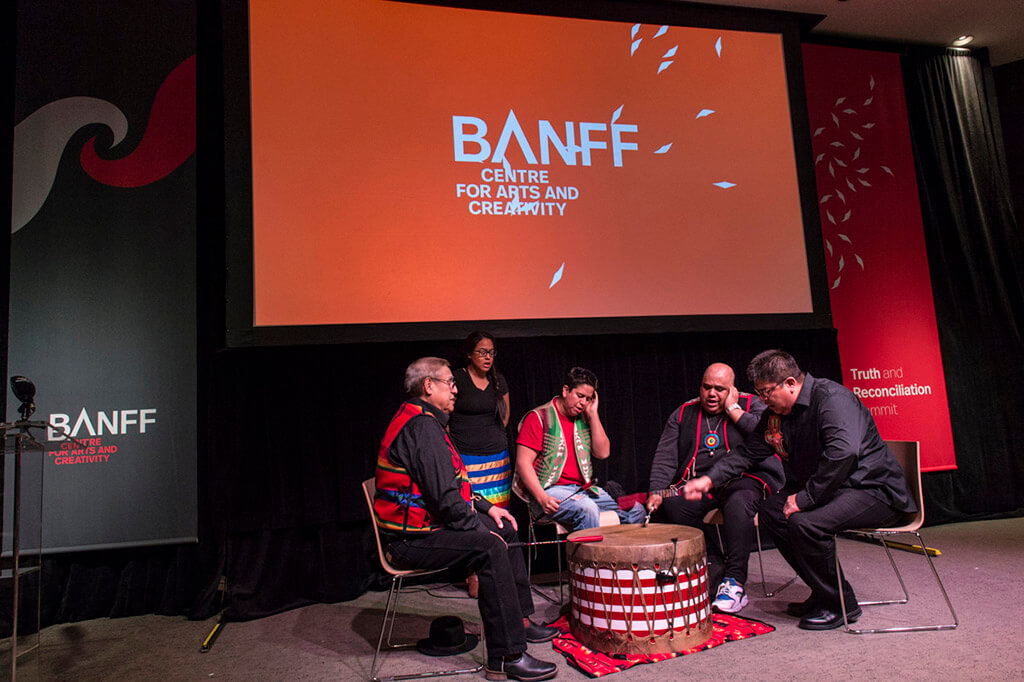 Opening song by Eya Hey Nakoda at the Truth and Reconciliation Summit. (Photo courtesy Banff Centre)