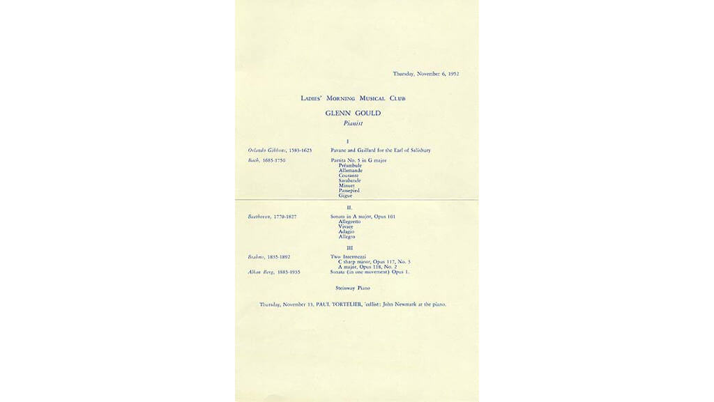 Caption for “LMMC Gould:” Glenn Gould performed at the Ladies’ Morning Musical Club in 1952. The programme comprised works by Bach, Beethoven, Berg, Brahms and Orlando Gibbons. (Photo courtesy)