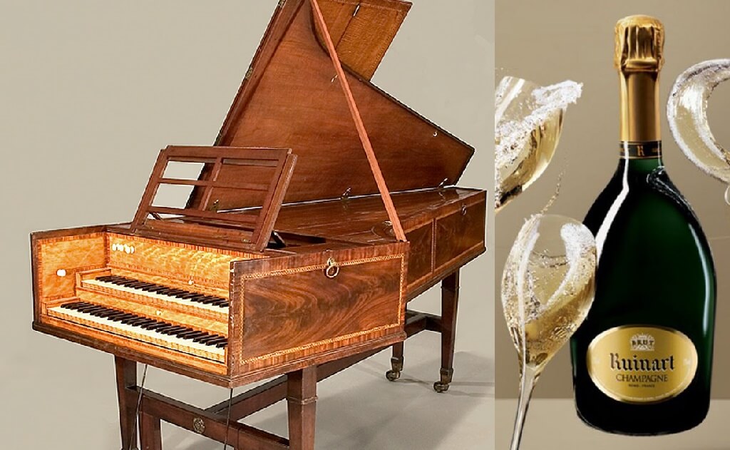 Les Idées heureuses, clavecin, bouteille et verres de vin