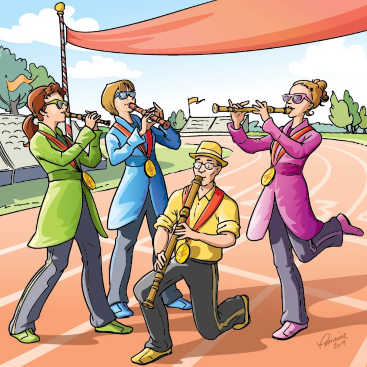 Les membres de Flûtes Alors! se transforment en athlètes de la flûte à bec aux Jeunesses musicales. (Illustration : Lorraine Beaudoin)