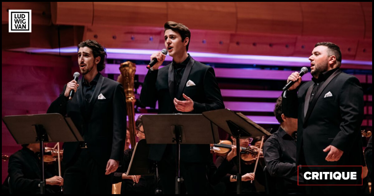 De gauche à droite: Matthew Adam, Sam Champagne et Marco Bocchicchio, qui forment Lyrico, chantaient à la Maison symphonique avec l'Orchestre FILMharmonique, sous la direction de Francis Choinière, le 18 mars 2022. (Photo: Tam Photography)