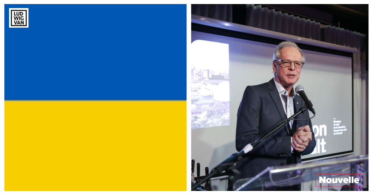 Gauche: drapeau de l'Ukraine. Droite: Simon Brault, directeur et chef de la direction du Conseil des arts du Canada. (Photo: Sy