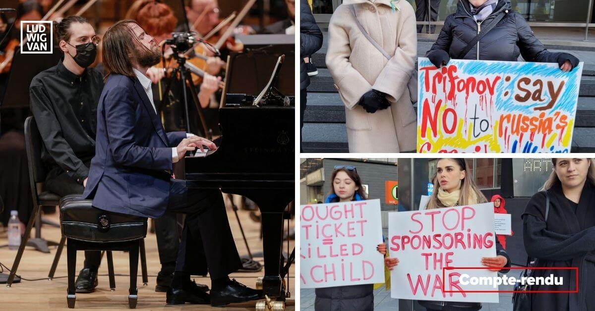 Des manifestations contre le concert du pianiste russe Daniil Trifonov avec l'Orchestre symphonique de Montréal ont eu lieu aux portes de la Maison symphonique, le 20 avril 2022. (Photo de Trifonov: Antoine Saito. Photos des manifestantes: Caroline Rodgers)