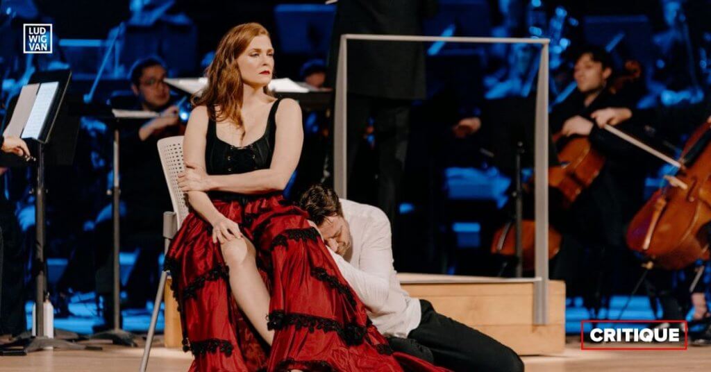 Wallis Giunta en Carmen et Adam Luther en Don Jose avec l'OPCM et Francis Choinière sur la scène de la Maison symphonique en février 2024. (Photo : Brenden Friesen)