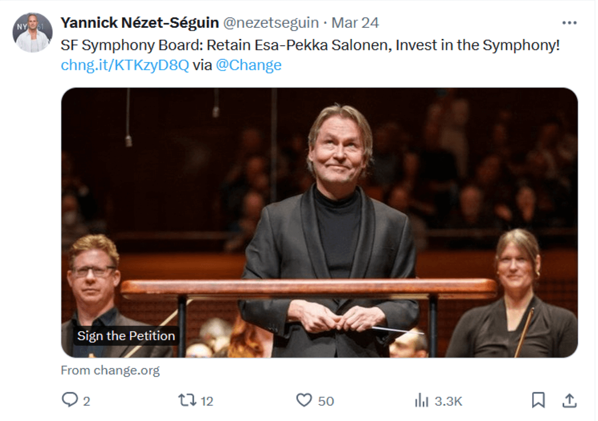 message du 24 mars de Yannick Nézet-Séguin sur la plateforme X en soutien à la pétition des musicien.ne.s de l'Orchestre symphonique de San Francisco