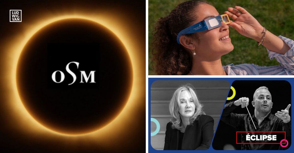 logo OSM dans la lune noire de l'éclipse solaire; Jeune femme portant des lunettes pour observer l'éclipse (Photo : Amélie Philibert, UdeM); Diane Dufresne et Yannick Nézet-Séguin