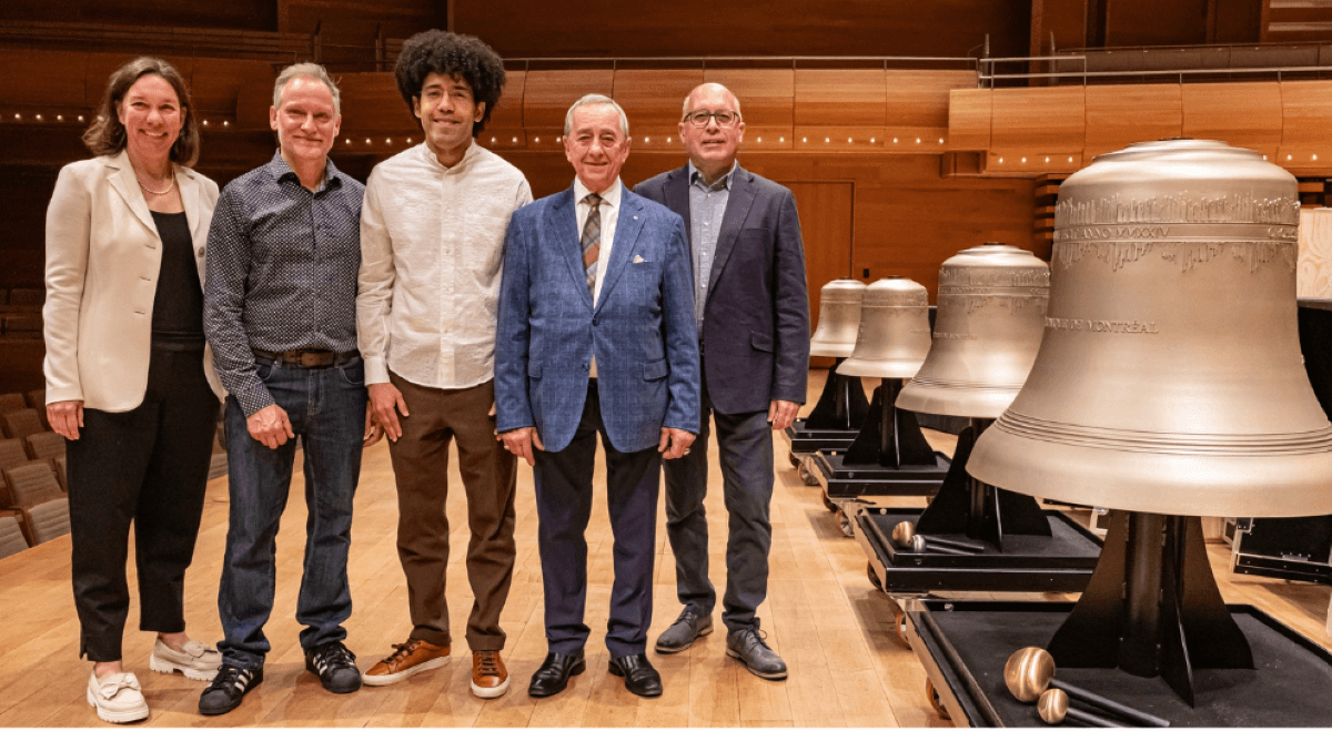 Mélanie La Couture, Cheffe de la direction – Sébastien Almon, Directeur opérations artistiques et développement international – Rafael Payare, Directeur musical – Roger Dubois, Président du Groupe Canimex – Serge Desgagnés, percussions solo (Photo : Antoine Saito)