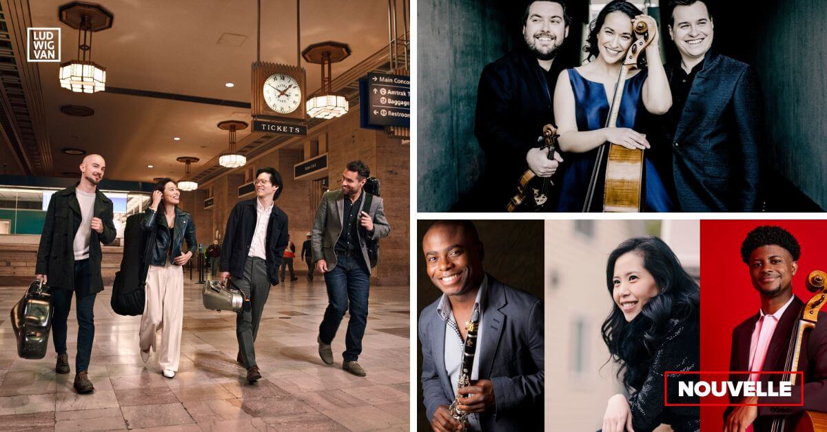 Le Quatuor Dover (Photo : Roy Cox), le Trio Bohémo (Photo : Andrej Grilc) et le Trio McGill-Chien-Elliott (Photos : David Finlayson, Pilvax et Titilayo Ayangade)