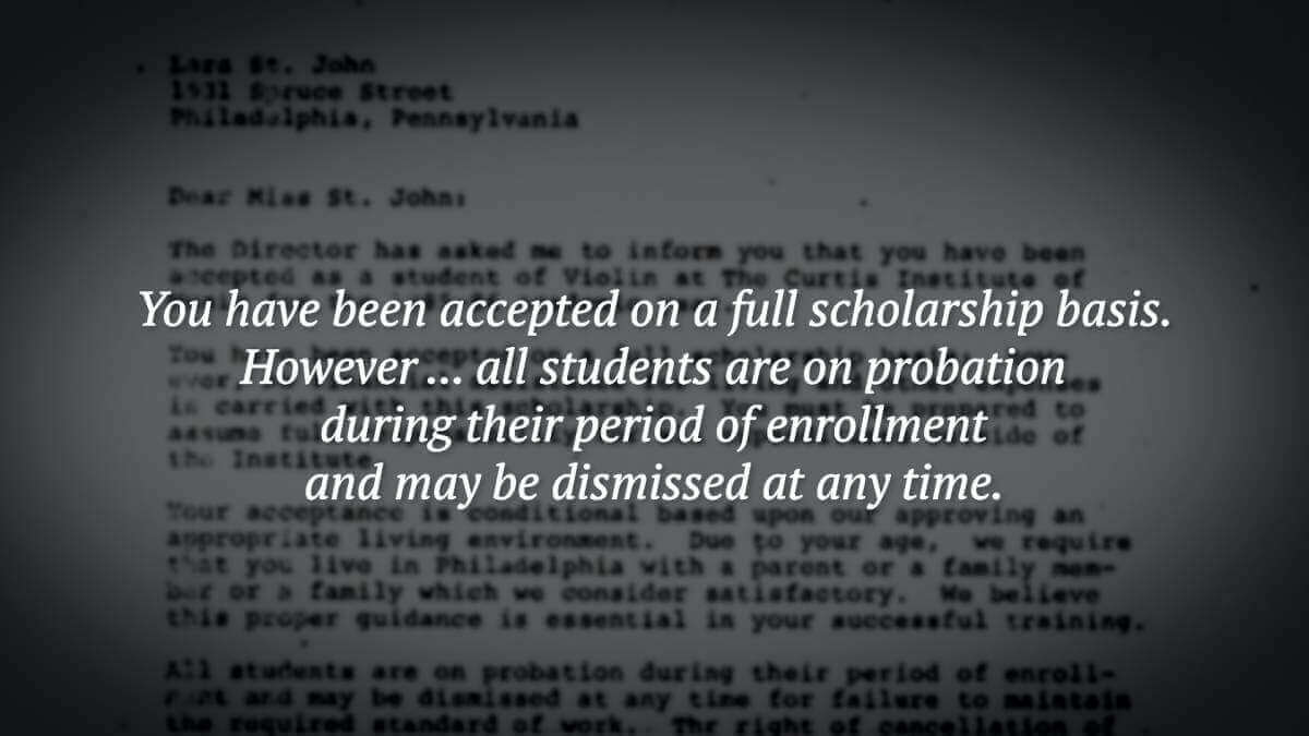 Extrait de la lettre d'acceptation de Lara St. John au Curtis Institute. Image tirée du film Dear Lara (Photo : courtoisie Lara St. John)