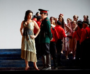 COC | Carmen: (l-r) Rinat Shaham as Carmen Alain Coulombe as Zuniga. Photo from Carmen (Canadian Opera Company, 2010) (Photo: Michael Cooper)
