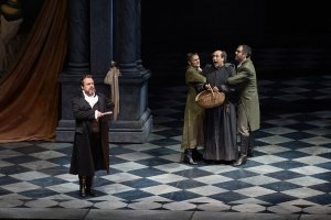 (l-r) Markus Marquardt as Scarpia, Joel Sorensen as Spoletta, Donato di Stefano as a Sacristan and Giles Tomkins as Sciarrone in the Canadian Opera Company's production of Tosca, 2017. (Photo: Gary Beechey)