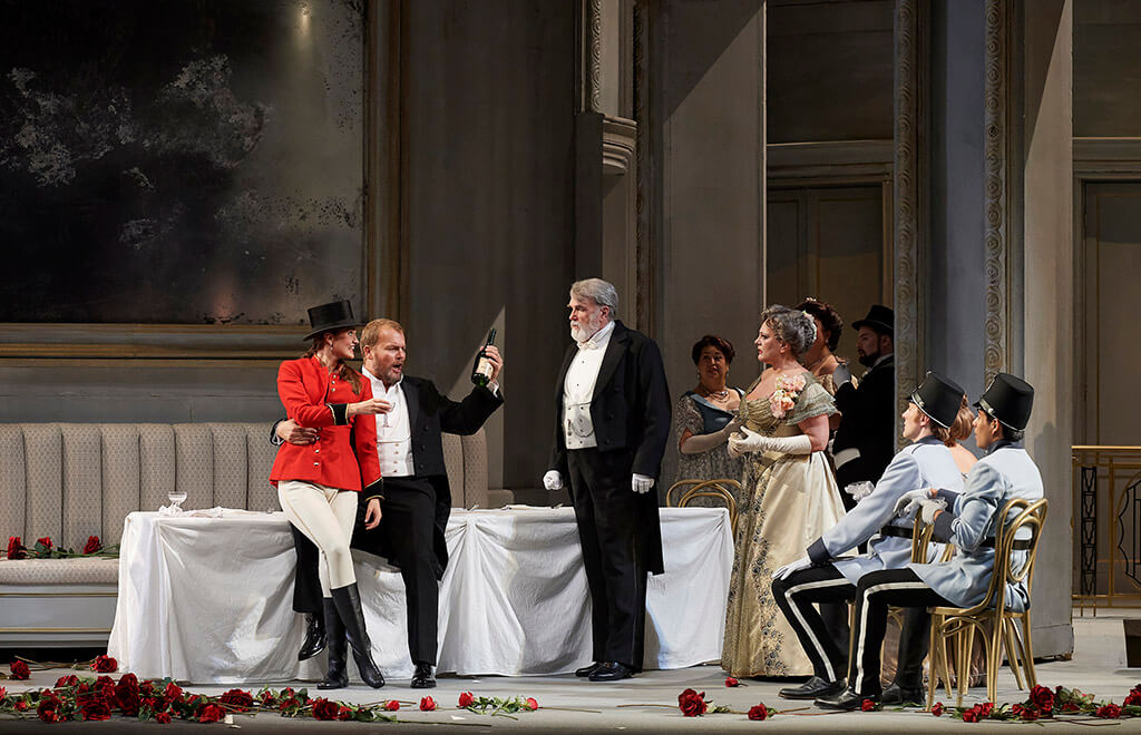 (l-r) Claire de Sévigné as the Fiakermilli, Tomasz Konieczny as Mandryka, John Fanning as Count Waldner and Gundula Hintz as Adelaide in the Canadian Opera Company’s new production of Arabella, 2017. (Photo: Michael Cooper)