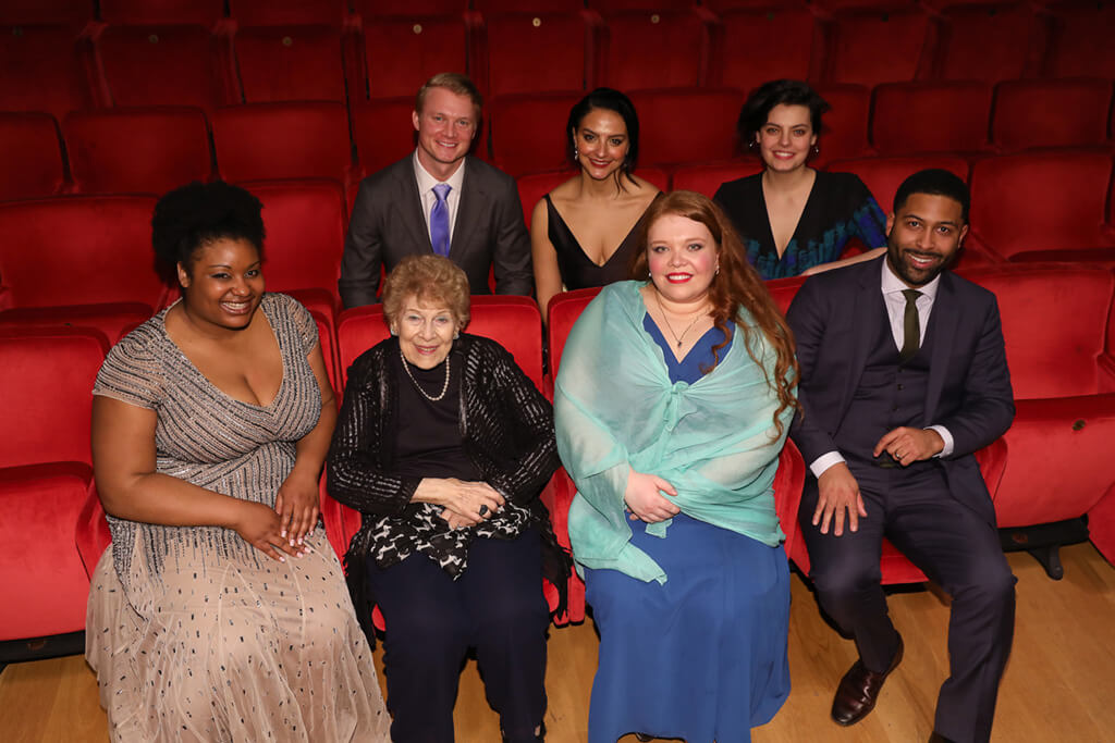 George London Foundation President Nora London, second from left in front, with 2018 George London Award winners (front, left to right) Raehann Bryce-Davis, Lauren Margison, Benjamin Taylor, (rear, left to right) Lawson Anderson, Rihab Chaieb, and Emily D’Angelo (Photo: Mark Von Holden)