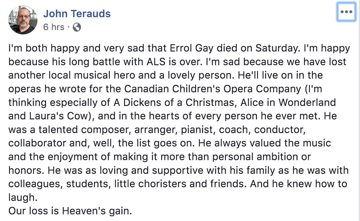 John Terauds reacts to Errol Gay's death