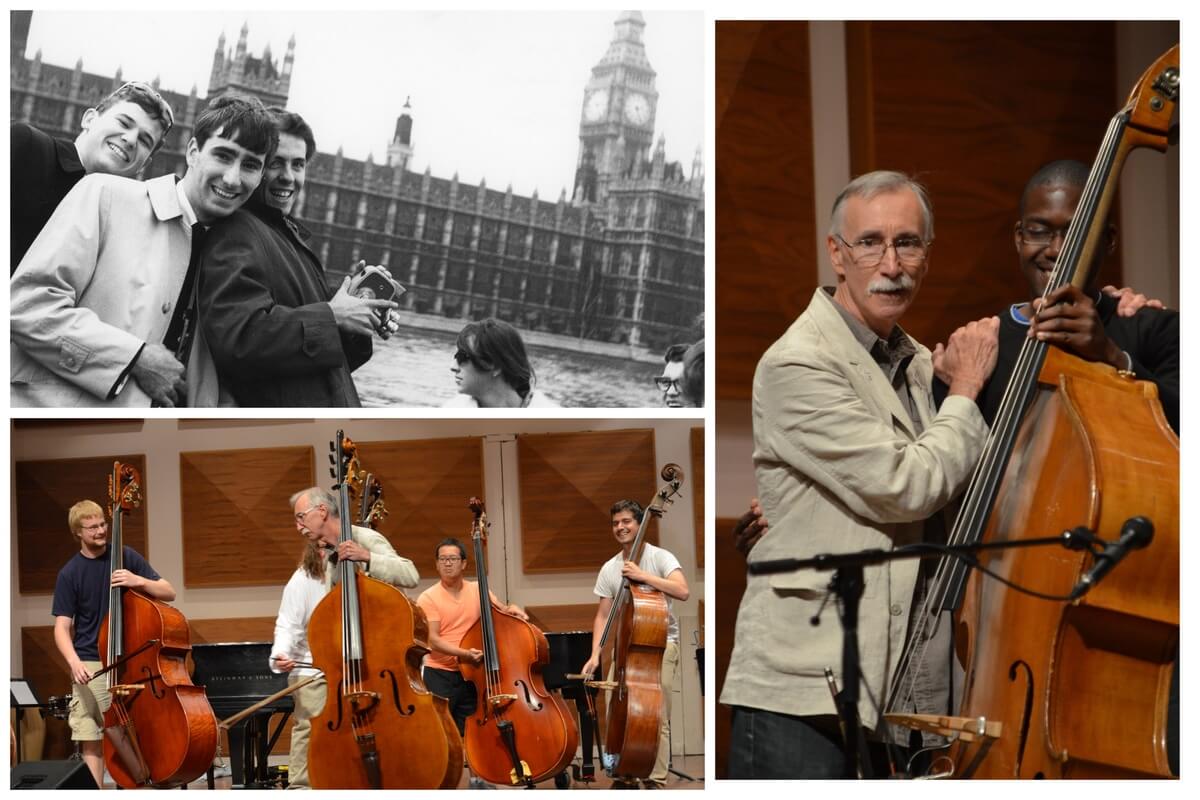 Clockwise from Top Left: 1966 NYOC London Tour: Ed Tait, Gary Kosloski, Michel Zaitzeff; 2013 NYOC Bass- Ed Tait and Brandyn Lewis, 2013 NYOC Bass- Malcolm Armstrong, Ed Tait, Jonathan Yeoh, Maximilian Mauricio-Cardilli (Photos courtesy of NYOC).