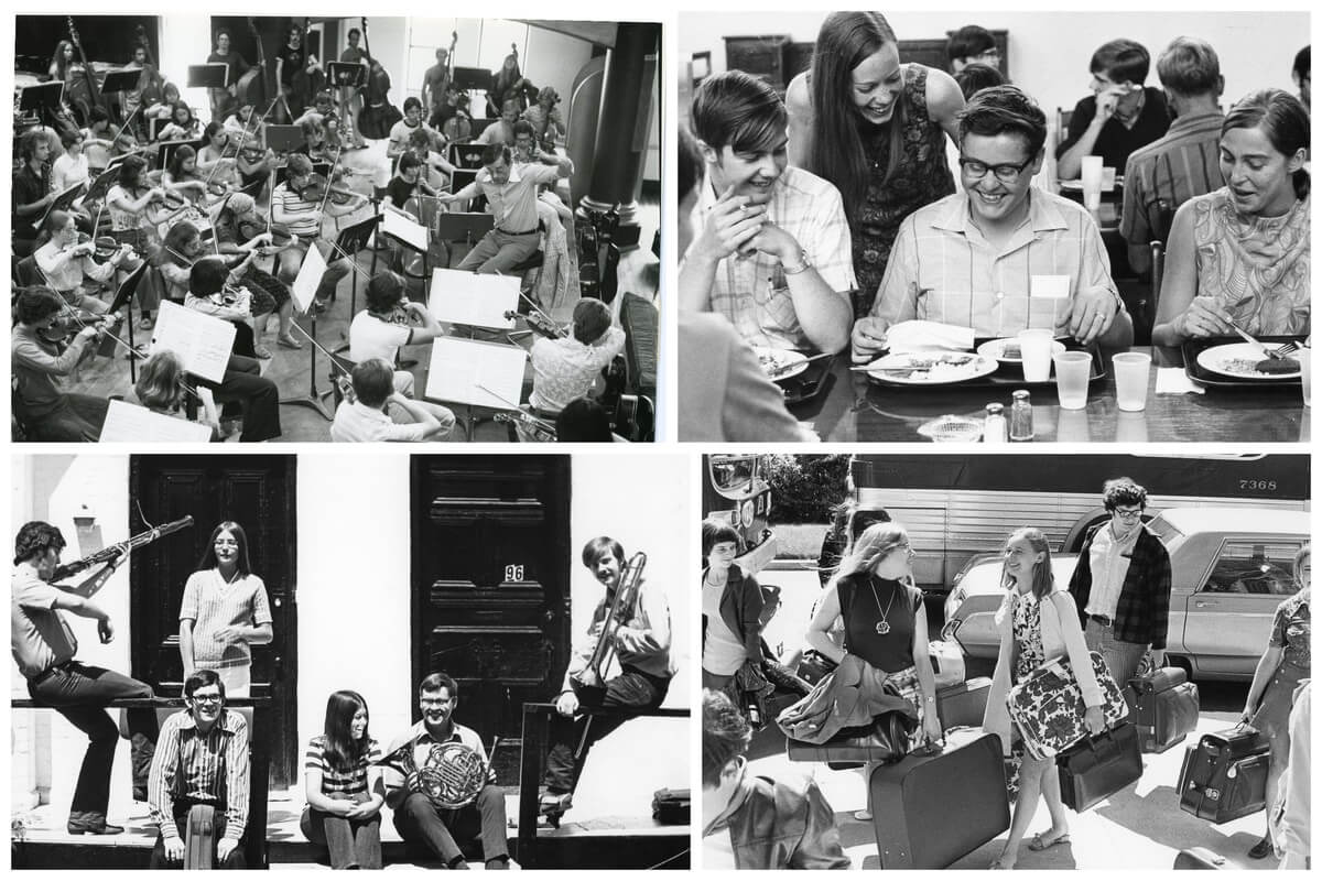 Clockwise from Top Left: 1970s rehearsal with Marius Constant; 1960’s Burwash Hall — University of Toronto meal time; 1960’s arrival by bus 1971 NYOC Casual — Harcus Hennigar, Bill Harrison, Ken Bingham, Gwen Dunlop. (Courtesy of NYOC)