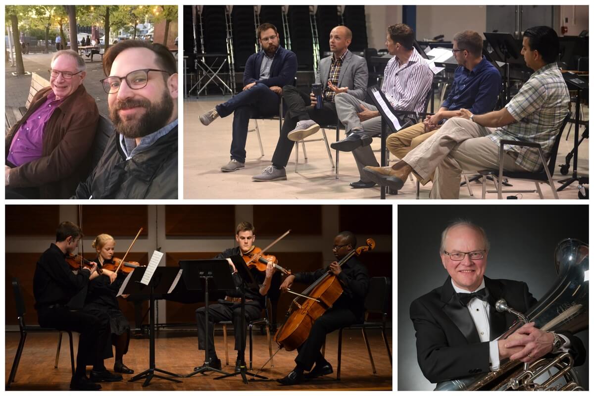 Clockwise from Top Left: Frank and Dan Morphy — TORQ Percussion Quartet in 2015 NYOC Residency (Courtesy of artist), Gregory Irvine — Adrian Irvine in 2013 NYOC Chamber Institute (Adrian Irvine, Madeline Hocking, Elliot McMurchy, Avery Bonair-Cyrus) (Courtesy of artist)