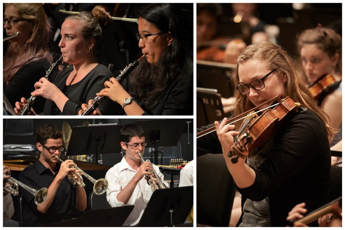 Clockwise from Top Left: Kira Shiner and Katrina Kwantes — 2017 NYOC tour; Carolyn Farnand — 2015 NYOC Tour — Calgary, Matthew Ross and Taz Eddy- 2013 NYOC Brass Ensemble Close-up (Photos courtesy of NYOC).