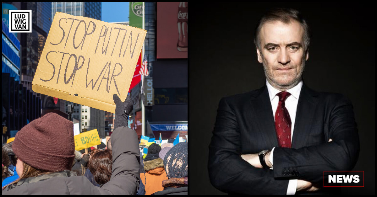 (L-R) Rally in support of Ukraine in Times Square following the Russian invasion of Ukraine (via Rhododendrites); Pro-Putin conductor Valery Gergiev