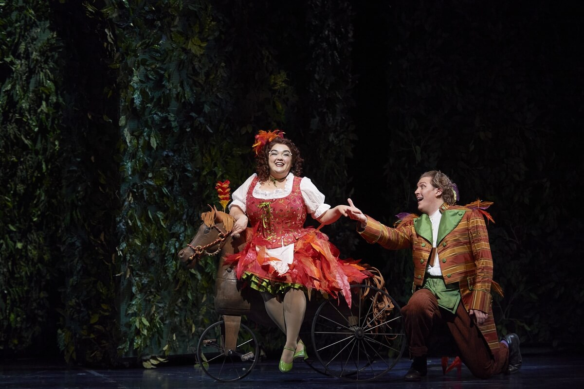 Midori Marsh as Papagena and Gordon Bintner as Papageno in the Canadian Opera Company’s production of The Magic Flute, 2022 (Photo: Michael Cooper)